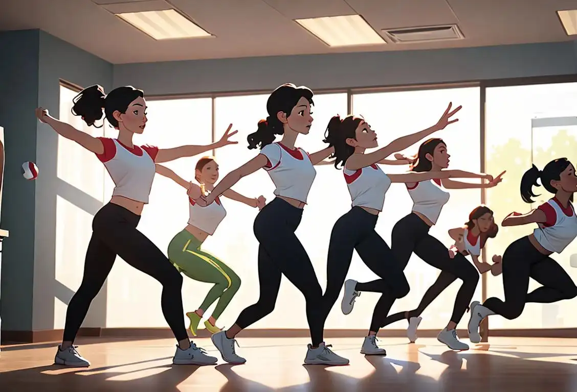 Young office employees dressed in athletic wear, doing group exercises in a bright and lively office environment..
