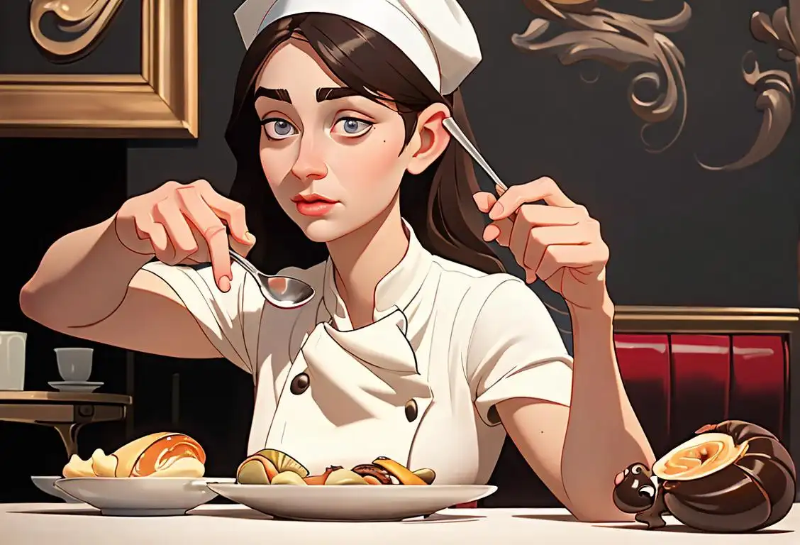 Young woman delicately holding a cooked escargot in her spoon, wearing a chef's hat, French cafe ambiance..