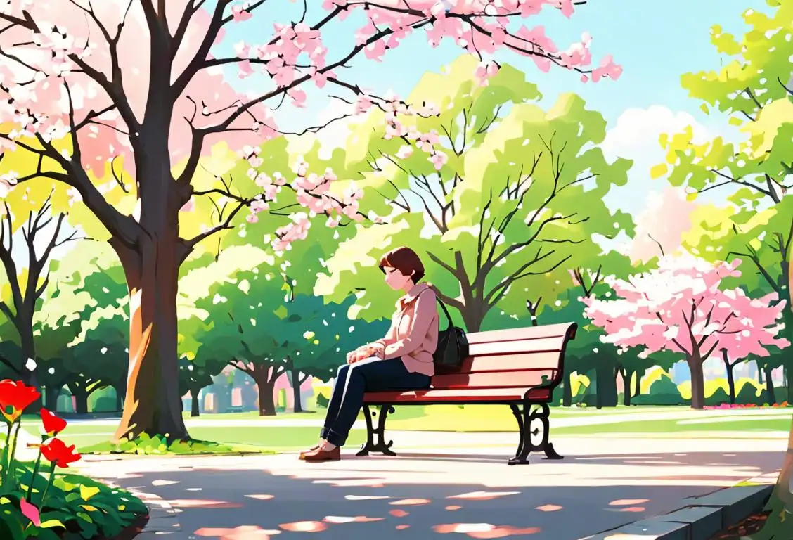 A person sitting alone on a park bench, enjoying their own company, surrounded by blooming flowers and a peaceful nature scene..