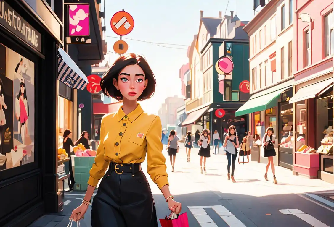 Young woman with shopping bags, wearing a fashionable outfit, walking through a vibrant city street filled with stores..