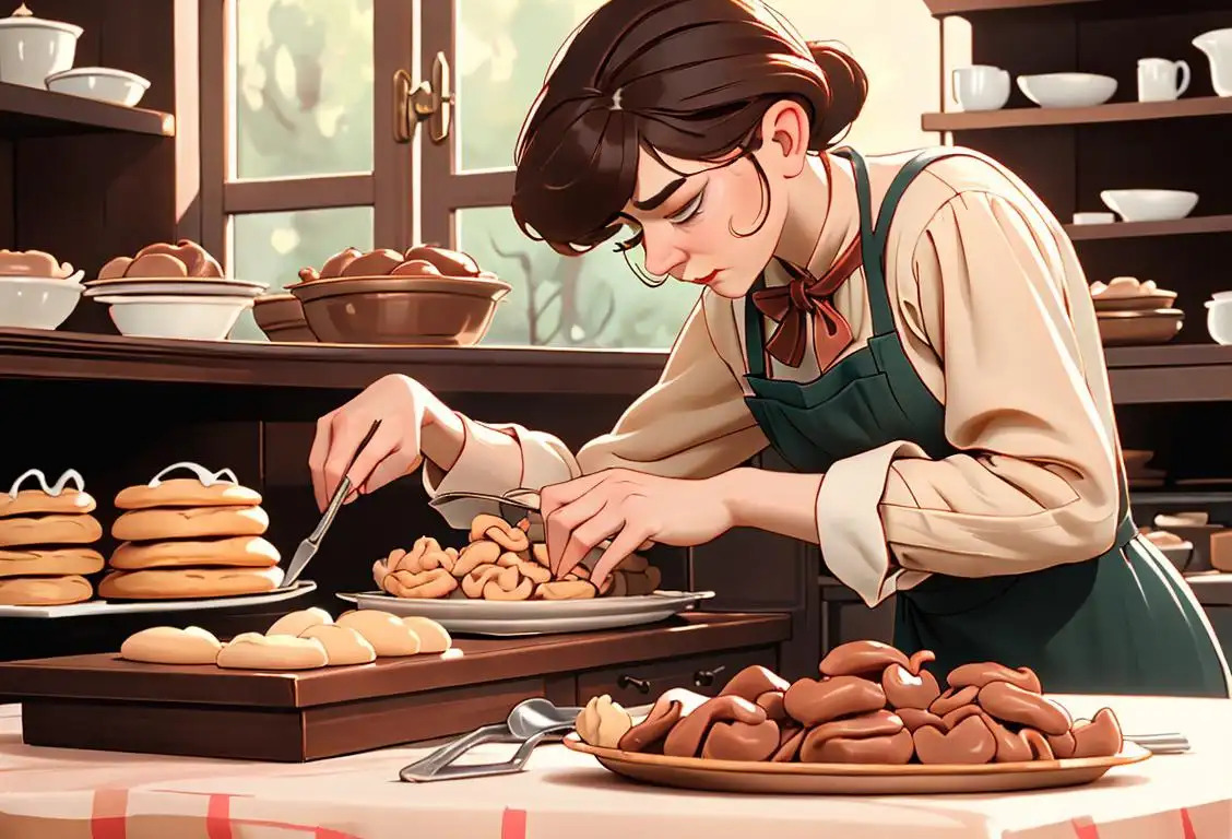 A delightful scene of a baker skillfully crafting pralines in a cozy bakery, surrounded by vintage baking tools and ingredients..