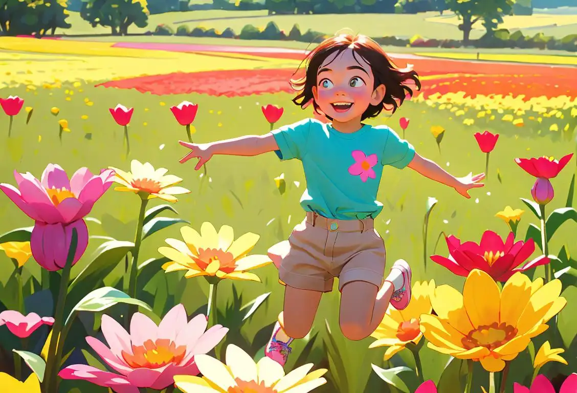 Young child jumping in a field of colorful flowers, wearing a bright happy t-shirt, surrounded by smiling friends and family..