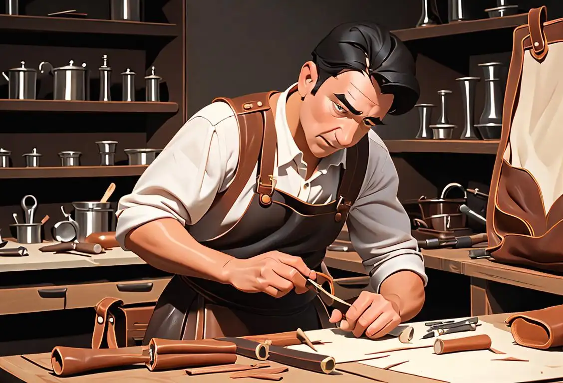 A craftsman wearing a leather apron, using leather tools to create a stylish leather handbag, surrounded by a workshop filled with various leather pieces..