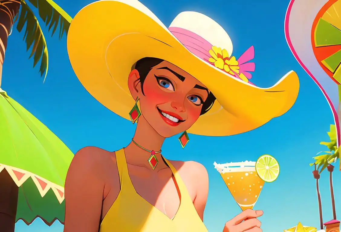 Cheerful individual holding a margarita glass, wearing a vibrant sombrero, in a lively Mexican-inspired setting..