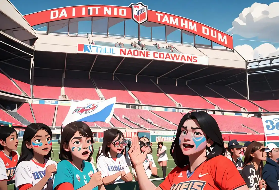 Excited crowd of fans cheering for their team at the National Championship Day, wearing team jerseys, face paint, and holding banners, in a stadium setting..