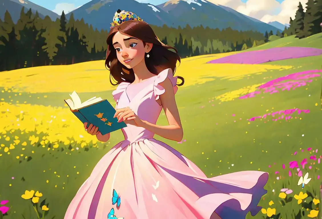 A young girl with a sparkly tiara, twirling in a meadow full of colorful flowers and butterflies. She is wearing a flowy dress and holding a fairytale book..