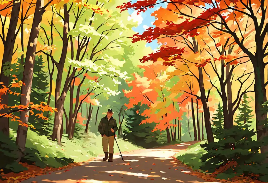 Veterans Day in national parks: A veteran hiker in a camo jacket, exploring a lush forest trail with vibrant fall foliage..