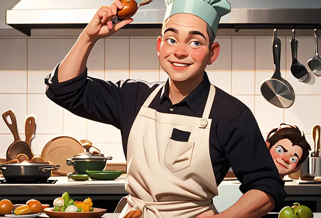 A smiling chef cooking with a variety of onions, wearing a chef hat and apron, in a bustling kitchen..