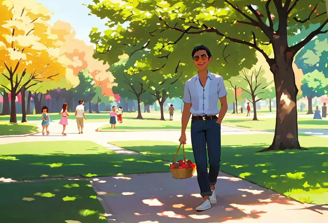 A cheerful person in casual attire walking through a park, holding a picnic basket and wearing sunglasses..
