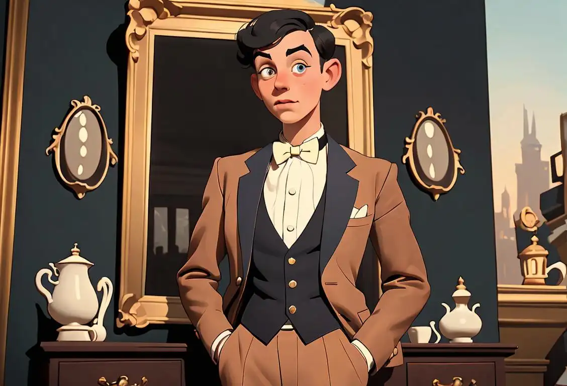 Young man wearing a dapper bowtie, standing in front of a vintage fashion display, with a classic, old-fashioned cities backdrop..