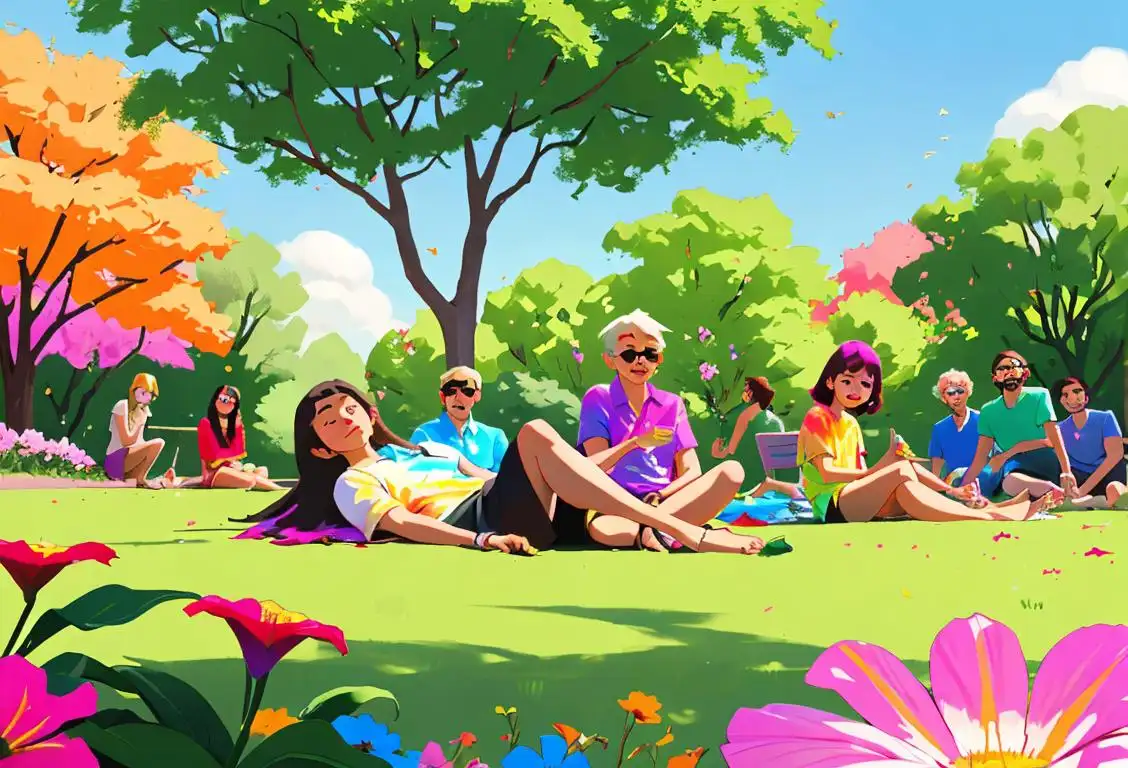 Group of friends lounging in a park, wearing tie-dye shirts, surrounded by colorful flowers, enjoying a peaceful National Dagga Day..