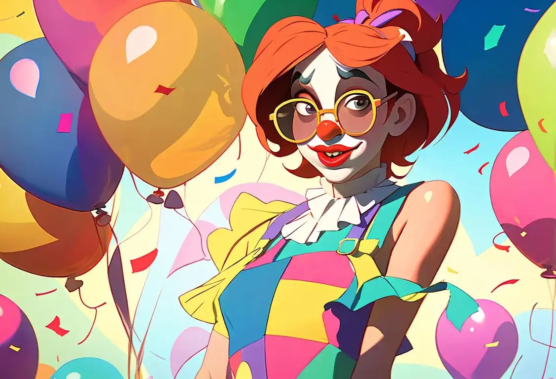 Young woman wearing a clown nose, colorful suspenders and oversized sunglasses, surrounded by a room full of balloons and confetti..