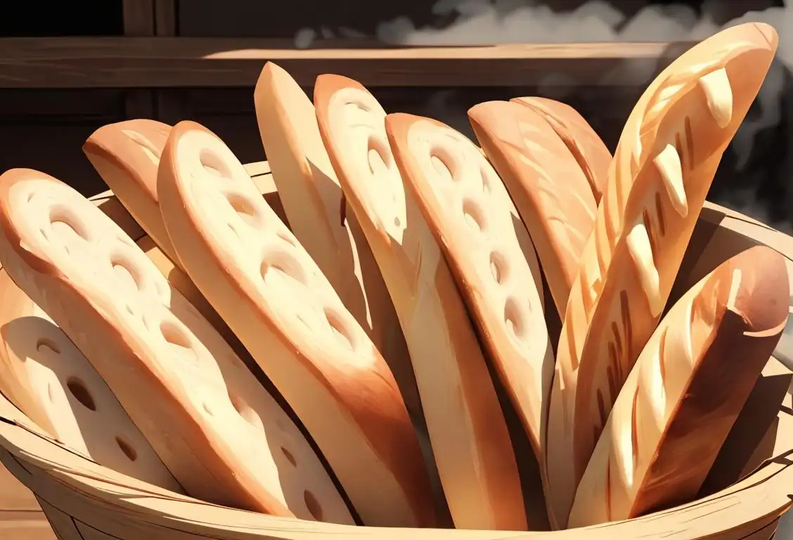 A close-up image of a freshly baked basket of breadsticks, with steam rising from their crispy exterior, set against a rustic wooden background.