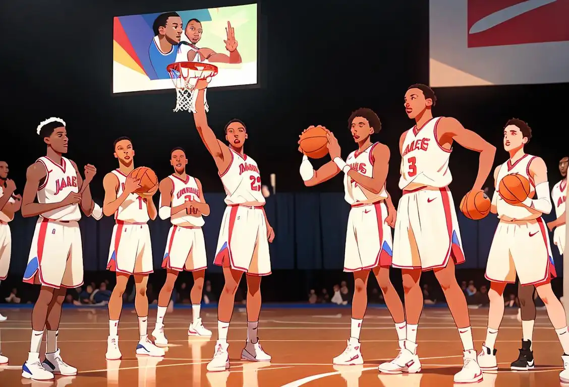 A diverse group of basketball players wearing jerseys with MLK Day themed logos, playing on a vibrant court with cheering fans in the background..