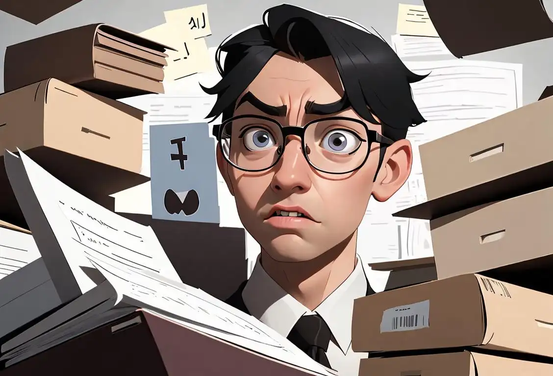 A young person with a puzzled expression surrounded by a stack of annoying paperwork, office setting, wearing a collared shirt and glasses..