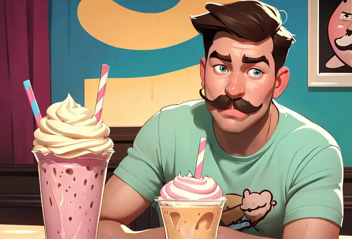 Young man in retro diner with milkshake mustache, wearing a vintage t-shirt, enjoying a colorful milkshake medley..