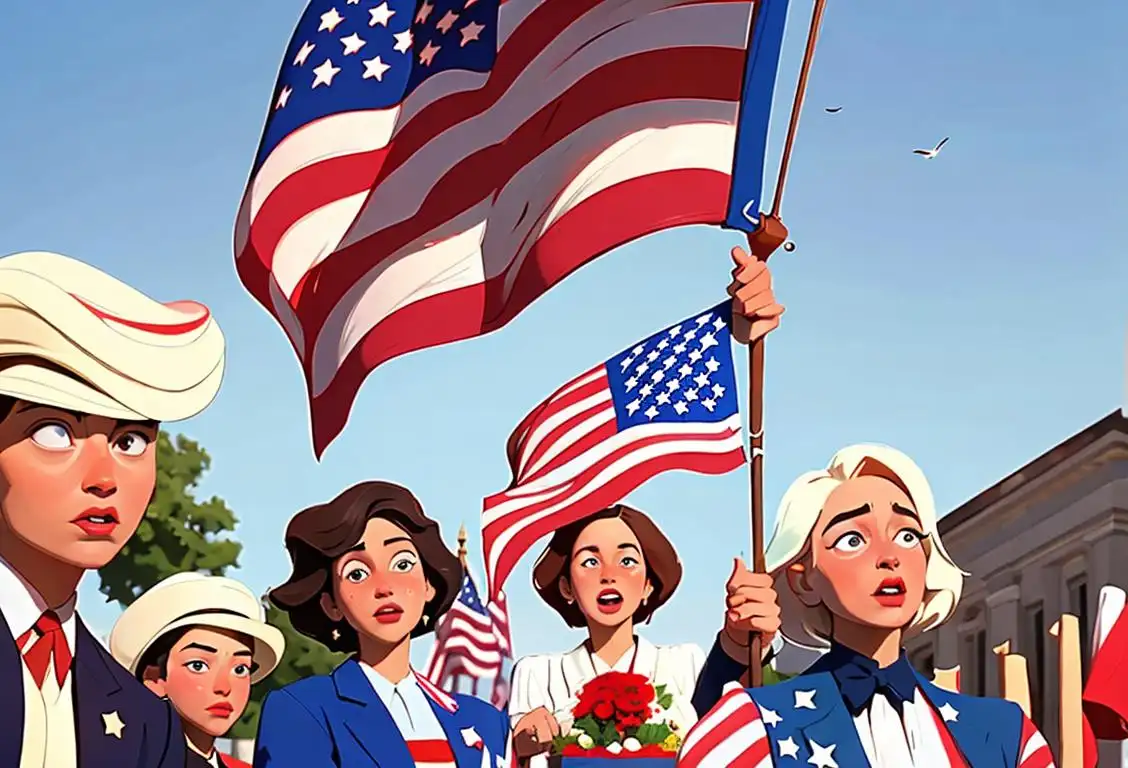 A group of diverse individuals holding American flags, dressed in patriotic attire, celebrating National Independence Day at a lively outdoor parade..