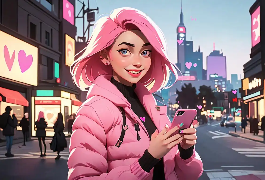 Young woman with smartphone, smiling and surrounded by hearts, trendy outfit, urban cityscape in the background..
