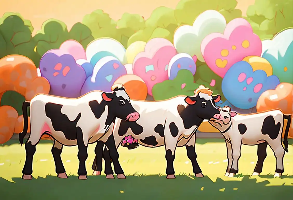 Happy individuals dressed as cows, smiling and dancing, wearing cow-print attire, surrounded by a joyful and colorful barnyard scene..
