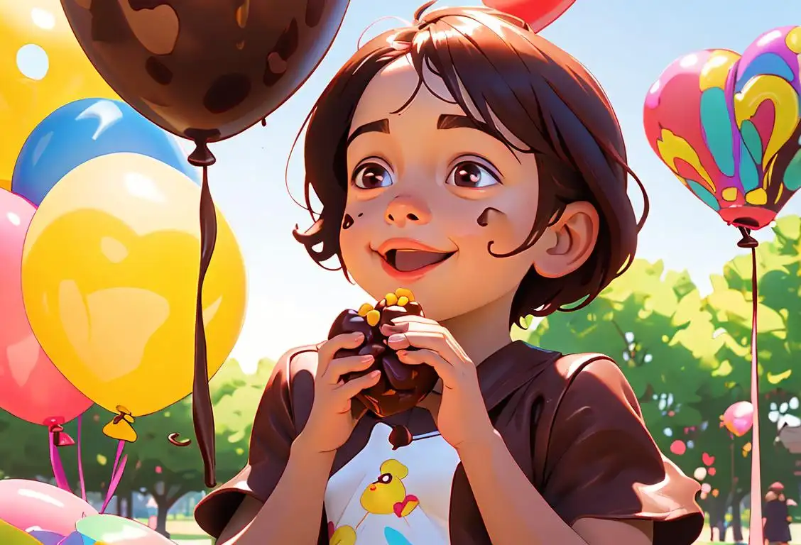 A happy child in a sunny park, joyfully enjoying a handful of chocolate-covered raisins, surrounded by colorful balloons..