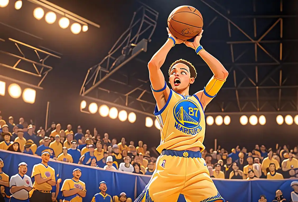 Capture the essence of National Golden State Warriors Day with an image of a passionate fan wearing team colors, dunking a basketball, surrounded by cheering crowds and Warriors memorabilia..