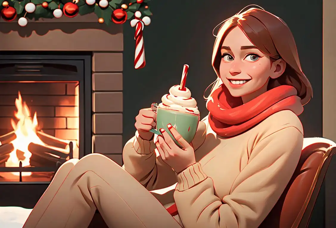 A smiling person holding a festive peppermint latte, wearing a cozy sweater, surrounded by winter decorations and a warm fireplace..