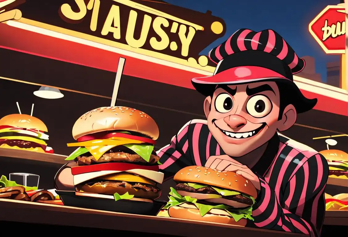 Cheeky burger thief with mischievous grin, wearing a striped outfit, stealing hamburgers from a retro diner with neon signs..