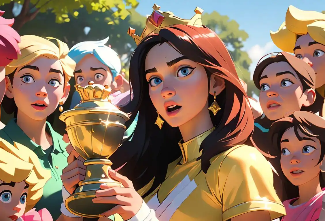 A young woman, wearing a champion's crown, holding a trophy, surrounded by cheering friends, in a lively park setting..