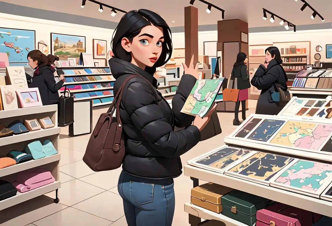 Young woman with a passport in hand, browsing a map in a trendy travel-themed store, surrounded by suitcases and travel accessories..