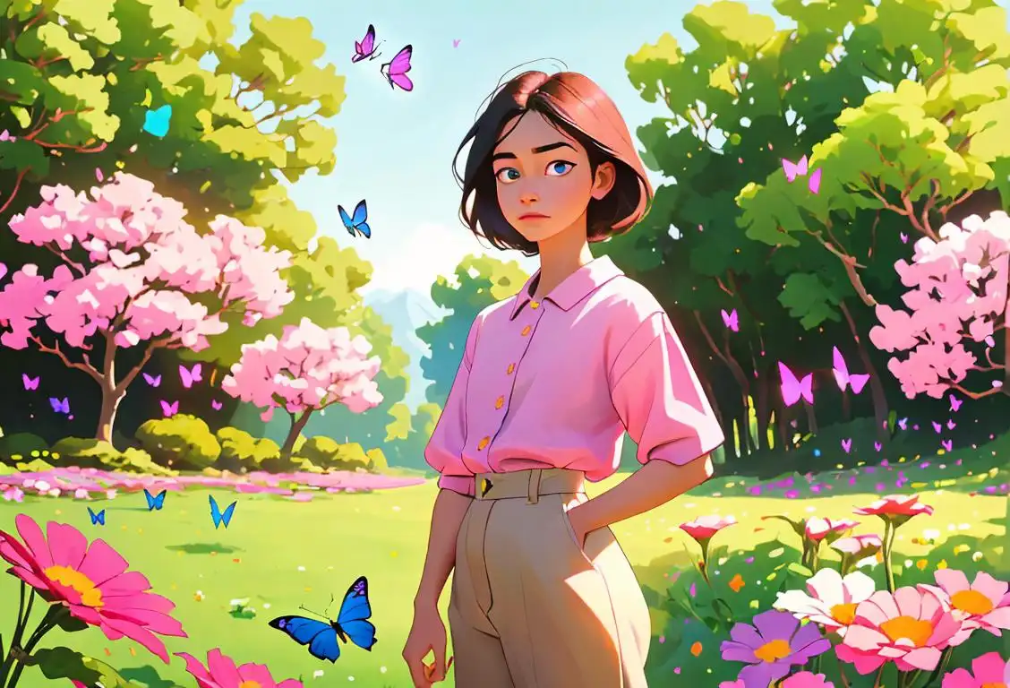 Young person wearing their favorite outfit, striking a pose in a serene nature setting, surrounded by colorful flowers and butterflies..