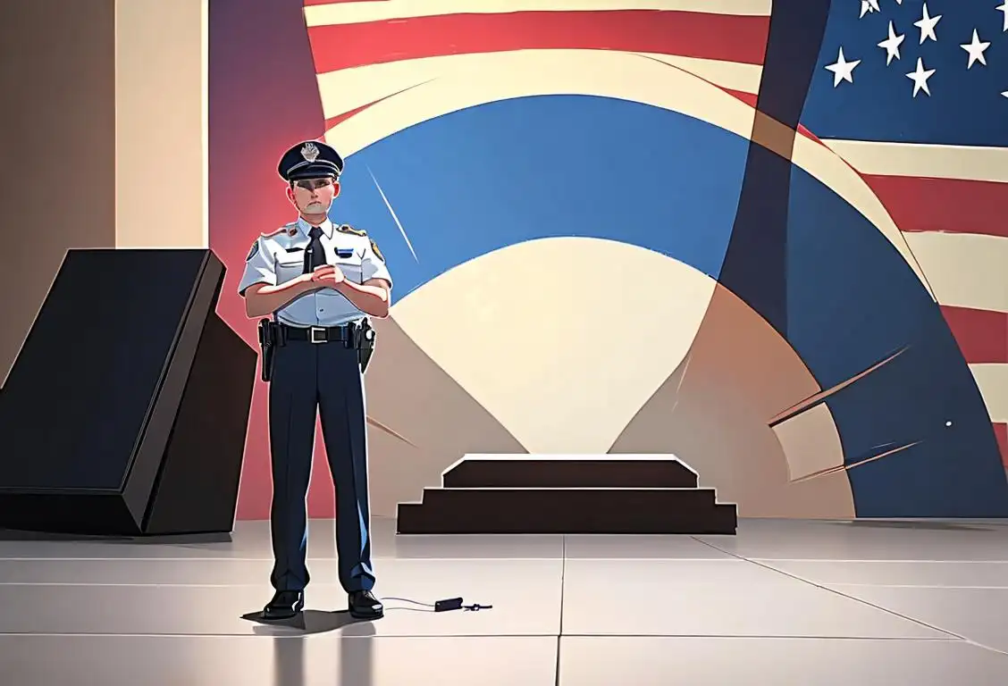 A police officer in uniform, standing proudly with an American flag backdrop, symbolizing bravery and sacrifice in the line of duty..