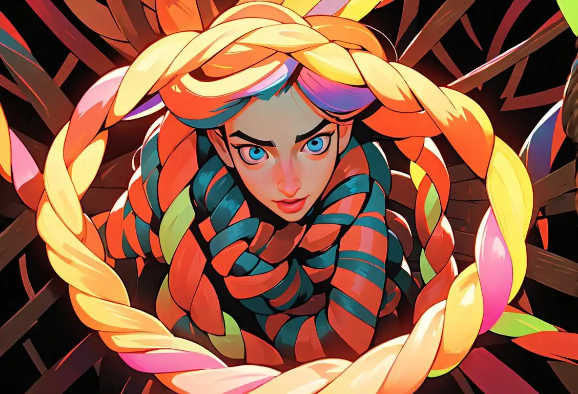 Person untangling a giant knot while wearing a colorful outfit, surrounded by a maze of interconnected ropes..