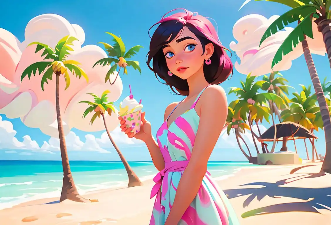 Young woman enjoying a swirl of frozen yogurt, wearing a colorful sundress, tropical beach background with palm trees..