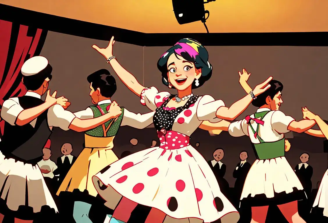 Group of people joyfully dancing the polka, wearing traditional polka attire, vibrant ballroom setting with lively music and colorful decorations..