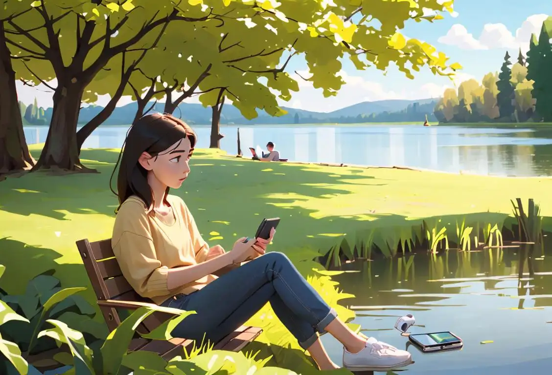 Young person sitting by a lake, surrounded by nature, wearing casual clothes, ignoring their buzzing phone..