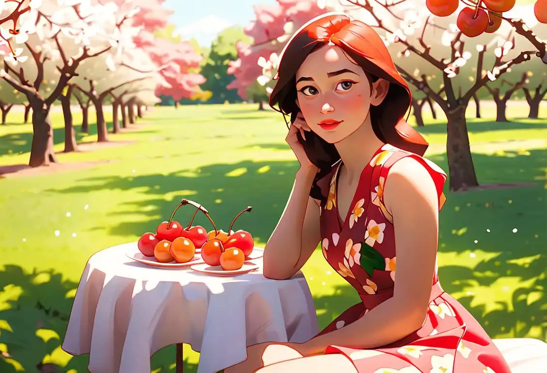 A young woman holding a bowl of Rainier cherries, wearing a summer dress, in a sunny orchard surrounded by cherry trees..