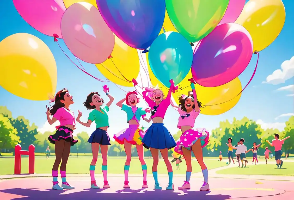 A group of friends wearing mismatched socks and brightly colored tutus, laughing and posing in a park filled with colorful balloons..