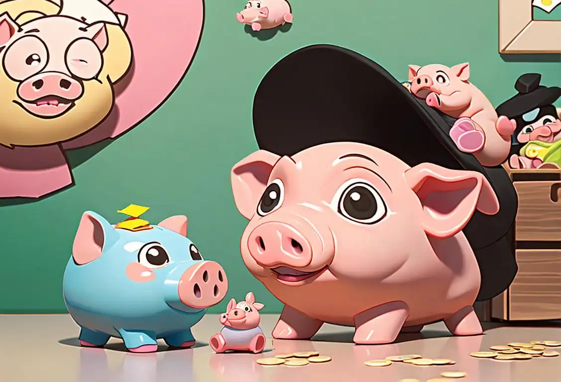 Young children sitting around a piggy bank, excitedly saving coins while wearing cute pig-themed hats and surrounded by colorful, educational toys..