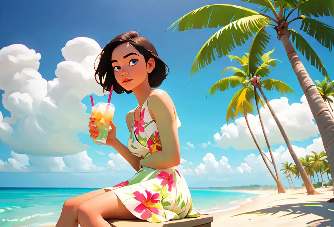 Young woman enjoying a refreshing buko drink, wearing a floral summer dress, beach setting with palm trees in the background..