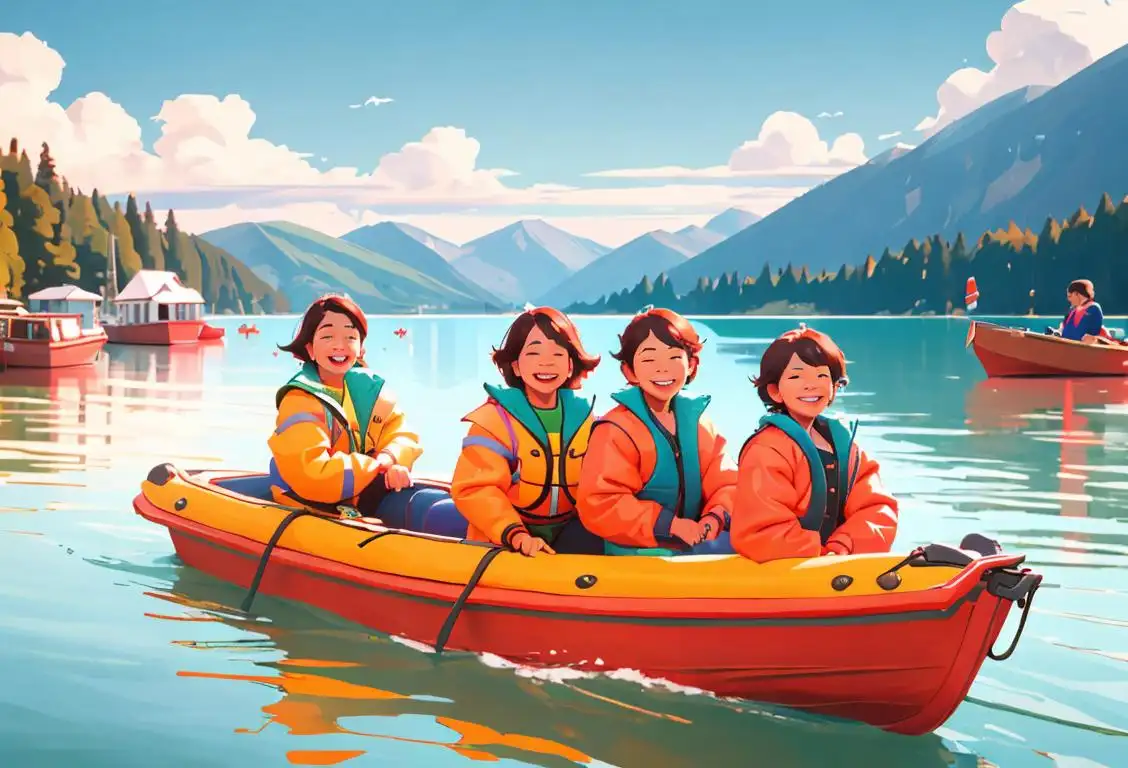 A joyous group of people wearing colorful life jackets, surrounded by a serene lake and boats in the background..