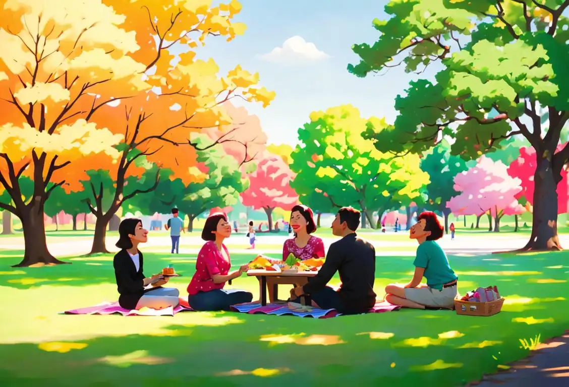 Group of diverse people enjoying a wholesome picnic in a park, wearing colorful attire, surrounded by beautiful scenery..