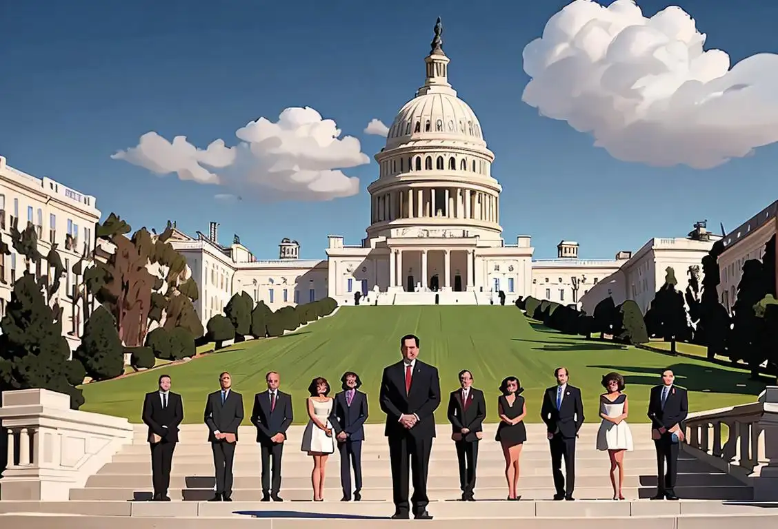 A group of diverse individuals dressed in formal attire, standing in front of a political podium, with the Capitol building in the background..