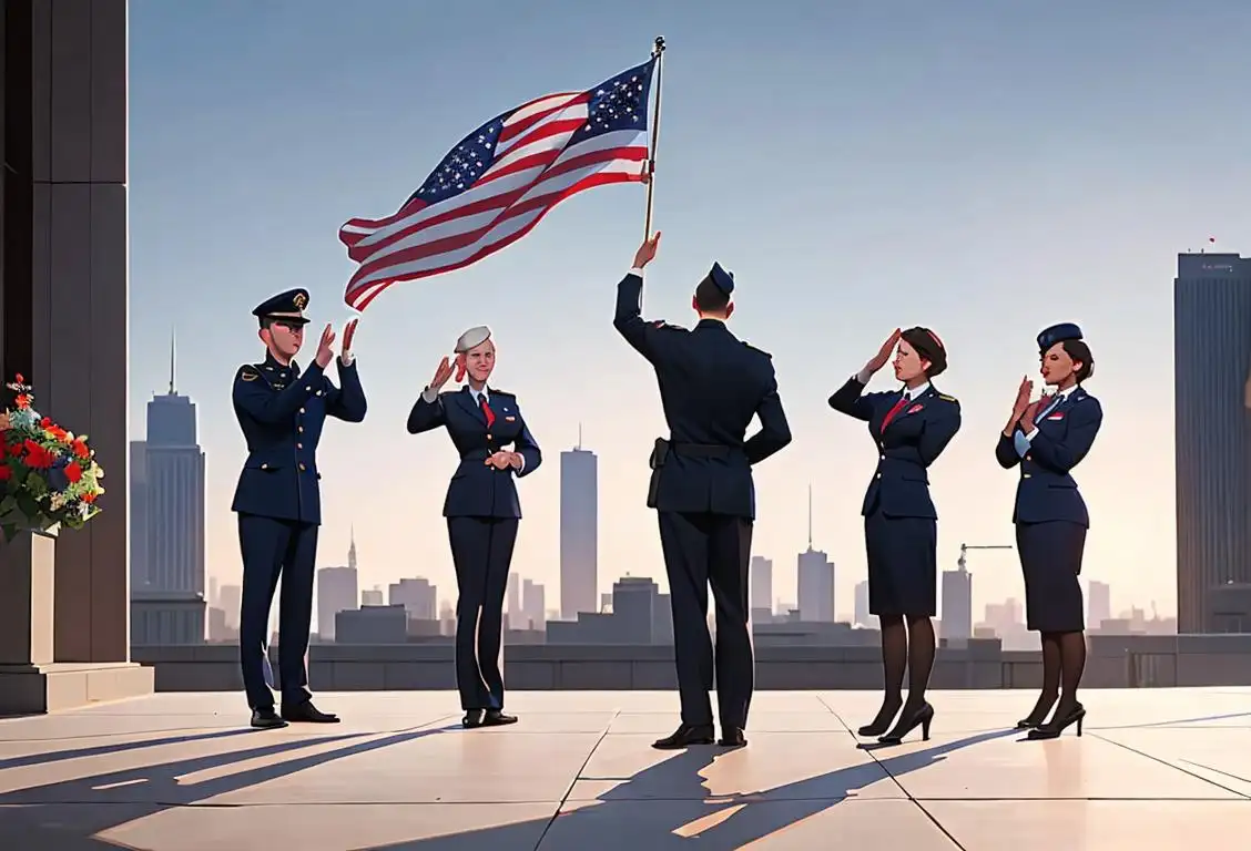 A diverse group of people holding hands standing in front of a waving American flag, representing unity and national security. Some are wearing business attire, others in military uniforms, amidst a city skyline..