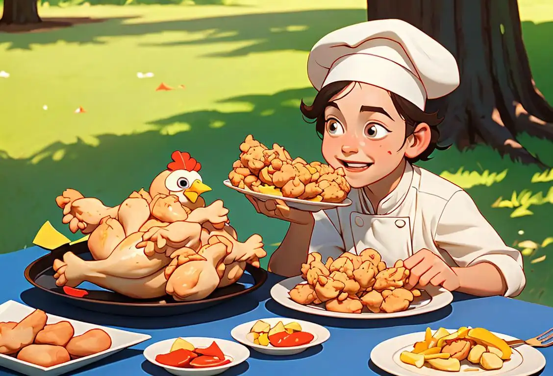 Delighted child wearing a chef hat, happily holding a plate of golden fried chicken, picnic setting surrounded by friends..