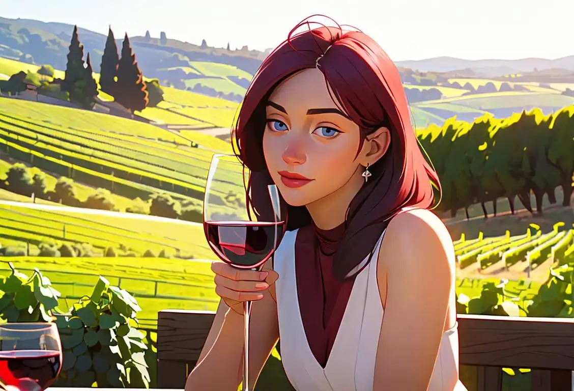 A tasteful image of a person enjoying a glass of wine, surrounded by vineyards in a scenic countryside setting..