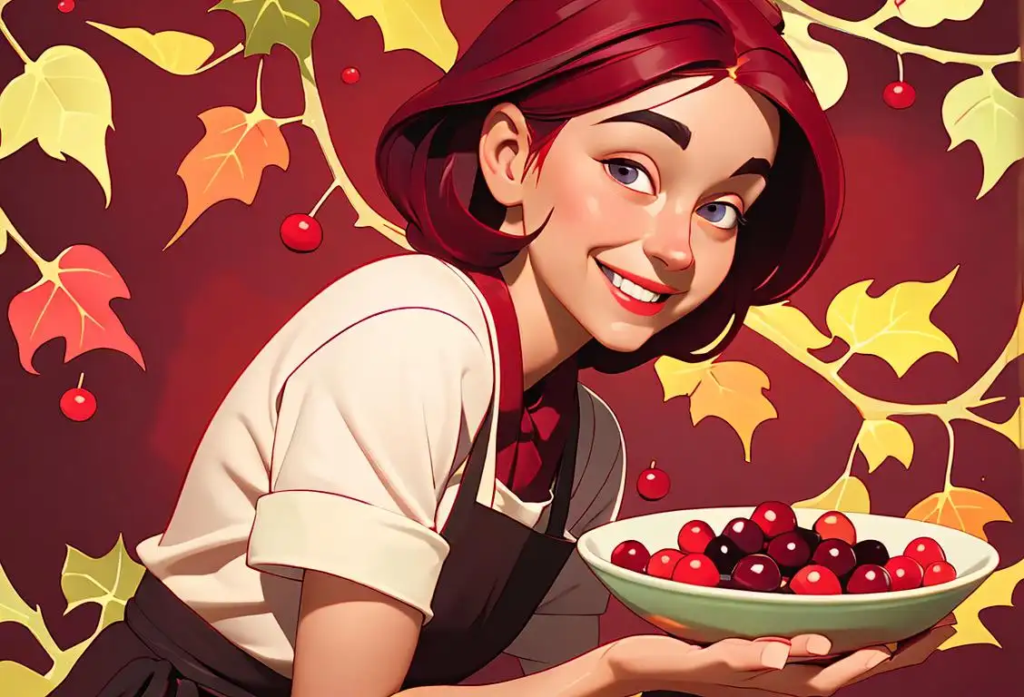 A smiling person holding a bowl of cranberry relish, wearing a festive apron, surrounded by cranberries and autumn leaves..
