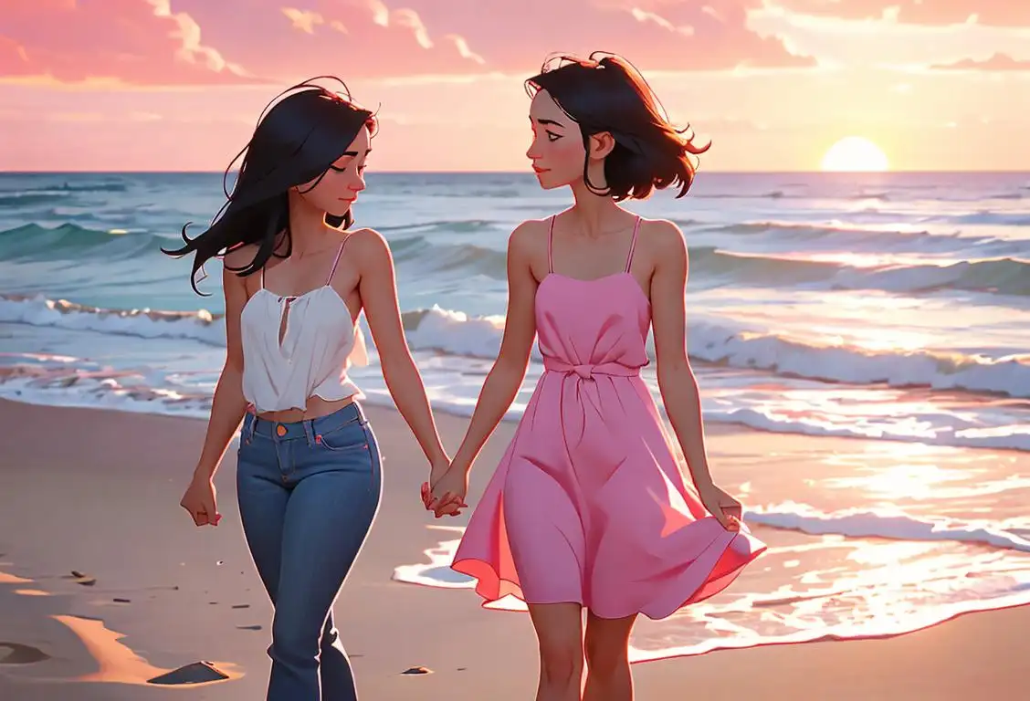 Two girlfriends holding hands on a peaceful beach, one wearing a sundress and the other in casual jeans, with a beautiful sunset in the background..