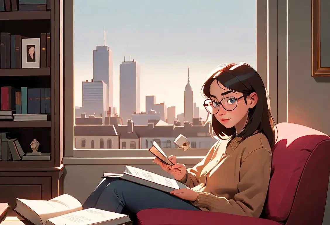 A young girl sitting in a cozy reading nook, wearing glasses, surrounded by books and a captivating city skyline in the background..
