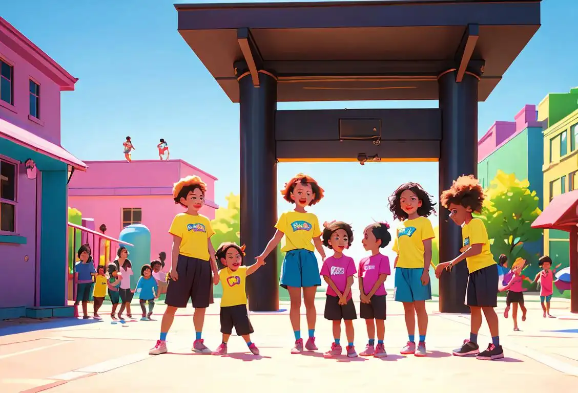 Group of diverse children standing together, wearing brightly colored t-shirts, urban playground setting, joyful expressions..