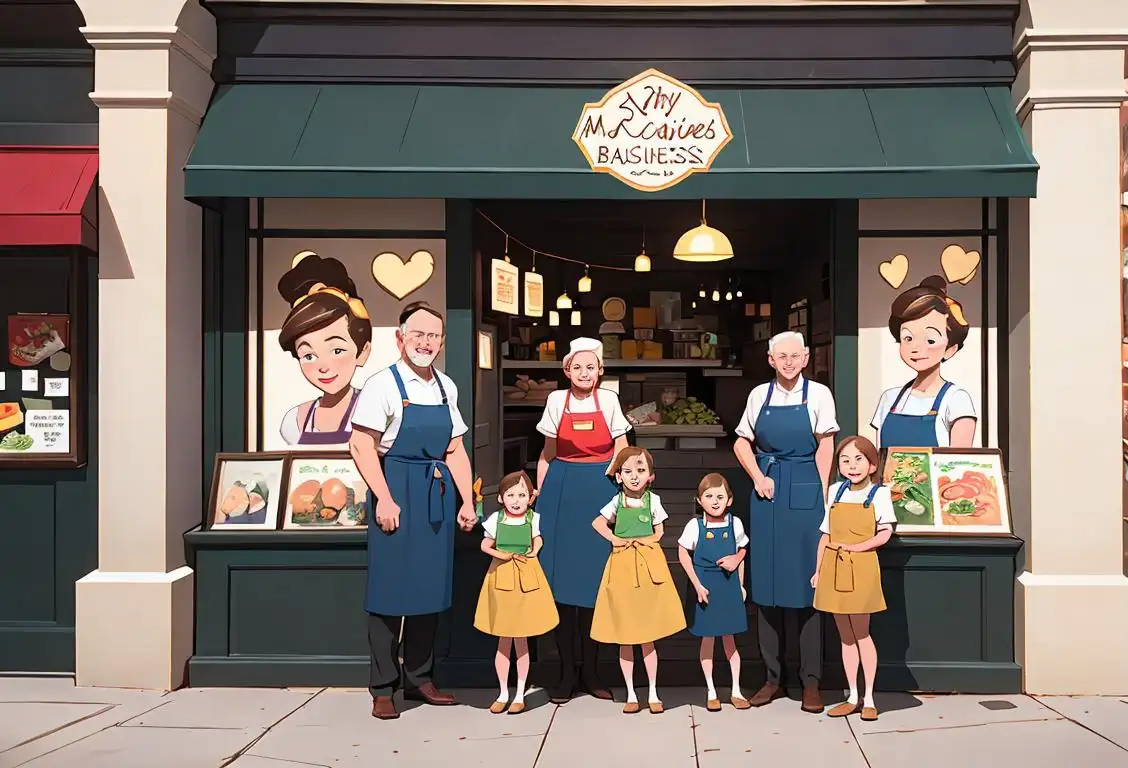 A multigenerational family standing in front of their small business, wearing matching aprons, surrounded by their products and bright store signage..